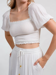 Koy Resort Miami Smocked Crop Top In White, view 4, click to see full size