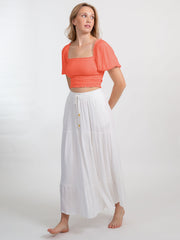 Koy Resort Miami Tiered Long Skirt In White, view 3, click to see full size