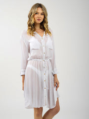Koy Resort Miami Drawstring Shirt Dress In White, view 1, click to see full size