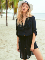 Koy Resort Miami Drawstring Shirt Dress Black, view 4, click to see full size