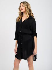 Koy Resort Miami Drawstring Shirt Dress Black, view 2, click to see full size