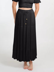 Koy Resort Miami Tiered Long Skirt In Black, view 1, click to see full size