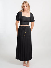 Koy Resort Miami Tiered Long Skirt In Black, view 2, click to see full size