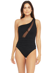 La Blanca Mesh-Merizing Draped One Shoulder One Piece Black, view 1, click to see full size