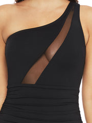 La Blanca Mesh-Merizing Draped One Shoulder One Piece Black, view 3, click to see full size