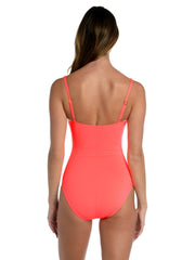 La Blanca Island Goddess Over The Shoulder Twist Maillot in Hot Coral, view 2, click to see full size