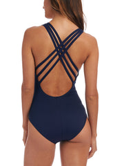 La Blanca Island Goddess Crossback One Piece In Indigo, view 2, click to see full size