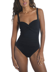 La Blanca Island Goddess Over The Shoulder Twist Maillot in Black, view 1, click to see full size