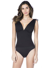 La Blanca Island Goddess Over The Shoulder One Piece Black, view 3, click to see full size