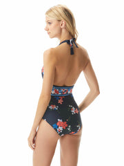 MICHAEL Michael Kors Floral Border One Piece Halter New Navy, view 2, click to see full size