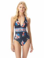 MICHAEL Michael Kors Floral Border One Piece Halter New Navy, view 1, click to see full size