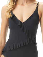 MICHAEL Michael Kors Lingerie Ruffle One Piece Black, view 3, click to see full size