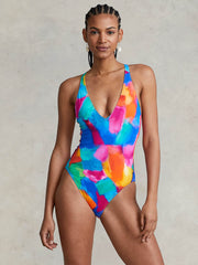 Polo Ralph Lauren Art Gallery Plunge Crossback One Piece in Multicolor, view 1, click to see full size