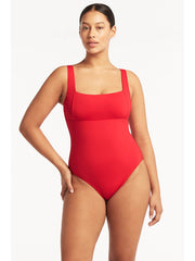 Sea Level Essentials Square Neck One Piece in Red, view 1, click to see full size