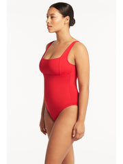 Sea Level Essentials Square Neck One Piece in Red, view 3, click to see full size