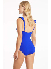 Sea Level Essentials Frill One Piece in Cobalt, view 2, click to see full size