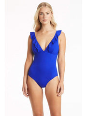 Sea Level Essentials Frill One Piece in Cobalt, view 1, click to see full size