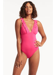 Sea Level Essentials Frill One Piece in Hot Pink, view 1, click to see full size