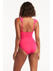 Sea Level Essentials Frill One Piece in Hot Pink, view 2, click to see full size