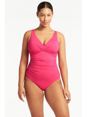 Sea Level Essentials Cross Front One Piece in Hot Pink, view 1, click to see full size