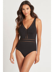 Sea Level Essentials Spliced Waisted One Piece in Black, view 1, click to see full size