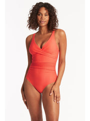Sea Level Honeycomb Cross Front Multifit One Piece In Tangerine, view 1, click to see full size