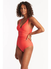 Sea Level Honeycomb Cross Front Multifit One Piece In Tangerine, view 3, click to see full size