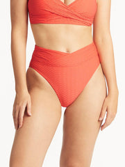 Sea Level Honeycomb Wrap High Waist Bottom In Tangerine, view 1, click to see full size