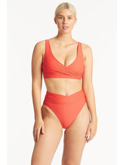 Sea Level Honeycomb Wrap High Waist Bottom In Tangerine, view 4, click to see full size