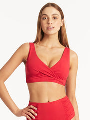 Sea Level Essentials Cross Front Bra in Red, view 1, click to see full size