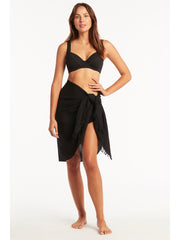 Sea Level Overswim Frayed Sarong in Black, view 4, click to see full size