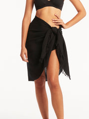 Sea Level Overswim Frayed Sarong in Black, view 1, click to see full size