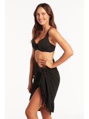 Sea Level Overswim Frayed Sarong in Black, view 3, click to see full size