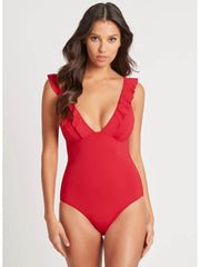 Sea Level Eco Essentials Frill One Piece In Red, view 1, click to see full size