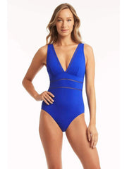 Sea Level Essentials Spliced One Piece in Cobalt, view 1, click to see full size