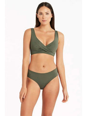 Sea Level Essentials Cross Front Bra in Khaki, view 3, click to see full size