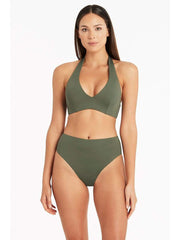 Sea Level Essentials Multifit Halter Bra in Khaki, view 3, click to see full size