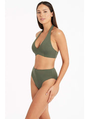 Sea Level Essentials Multifit Halter Bra in Khaki, view 4, click to see full size