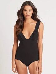 Sea Level Essentials Frill One Piece in Black, view 1, click to see full size