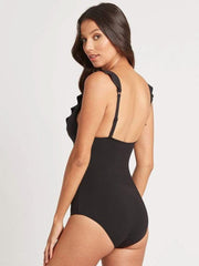 Sea Level Essentials Frill One Piece in Black, view 2, click to see full size