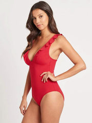 Sea Level Essentials Frill One Piece in Red, view 4, click to see full size