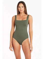 Sea Level Essentials Square Neck One Piece in Khaki, view 1, click to see full size