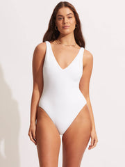 Seafolly Sea Dive Deep V Neck Maillot in White, view 1, click to see full size
