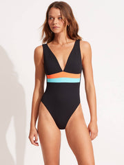 Seafolly Spliced Deep V Neck One Piece in Black, view 1, click to see full size