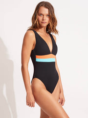 Seafolly Spliced Deep V Neck One Piece in Black, view 3, click to see full size