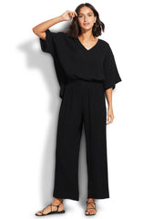 Seafolly Double Cloth Shirring Pant In Black, view 3, click to see full size