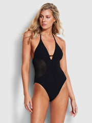Seafolly Dream Catcher Halter One Piece In Black, view 1, click to see full size