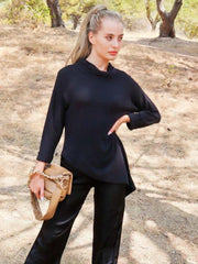STARKx Asymmetrical Cowl Neck Sweater in Black, view 1, click to see full size