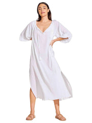 Vitamin A Costa Caftan In White Cotton Crinkle, view 3, click to see full size
