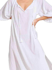 Vitamin A Costa Caftan In White Cotton Crinkle, view 4, click to see full size